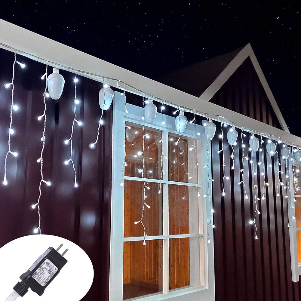Qunlight Orangie 8 Modes LED Icicle Lights, 9.8 FT 96 LED Fairy String Lights Plug in Extendable Curtain Light String Christmas Lights for Bedroom