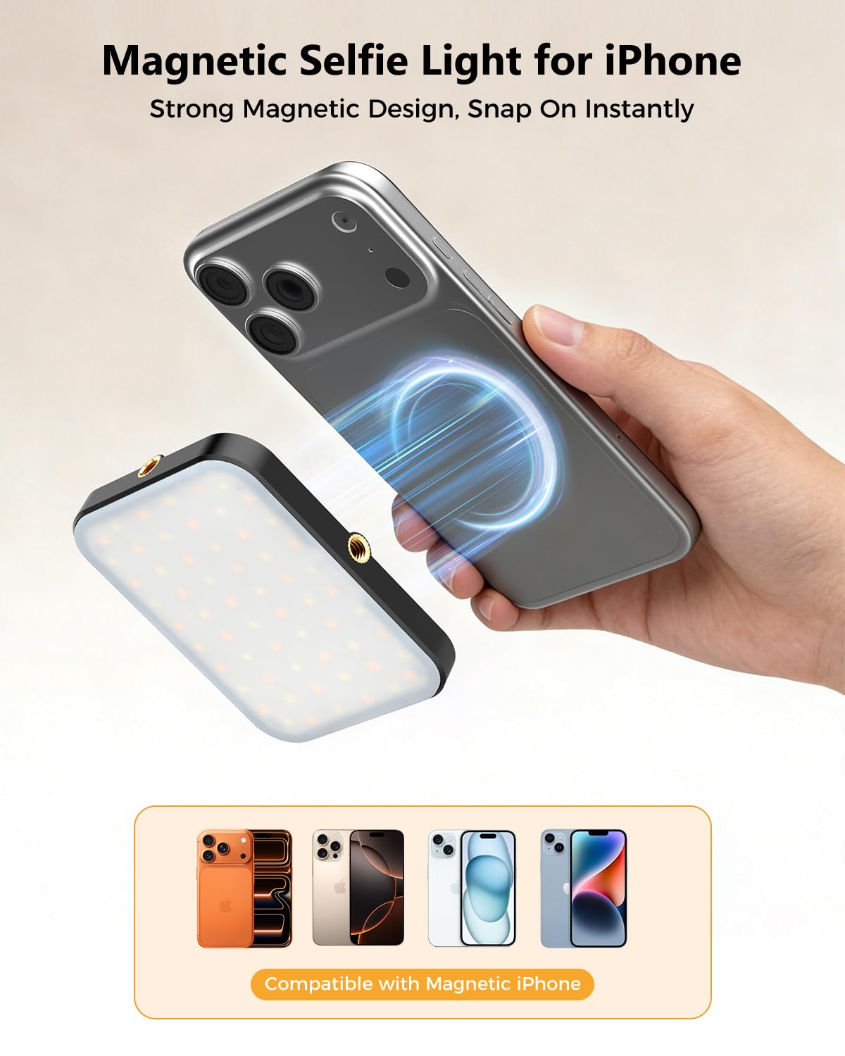 Magnetic Selfie Light for iPhone, Selfies Video Lighting, 6 Lighting Modes, 12 Brightness Levels, Clip, Magnetic or Camera Mount, Ideal for TikTok