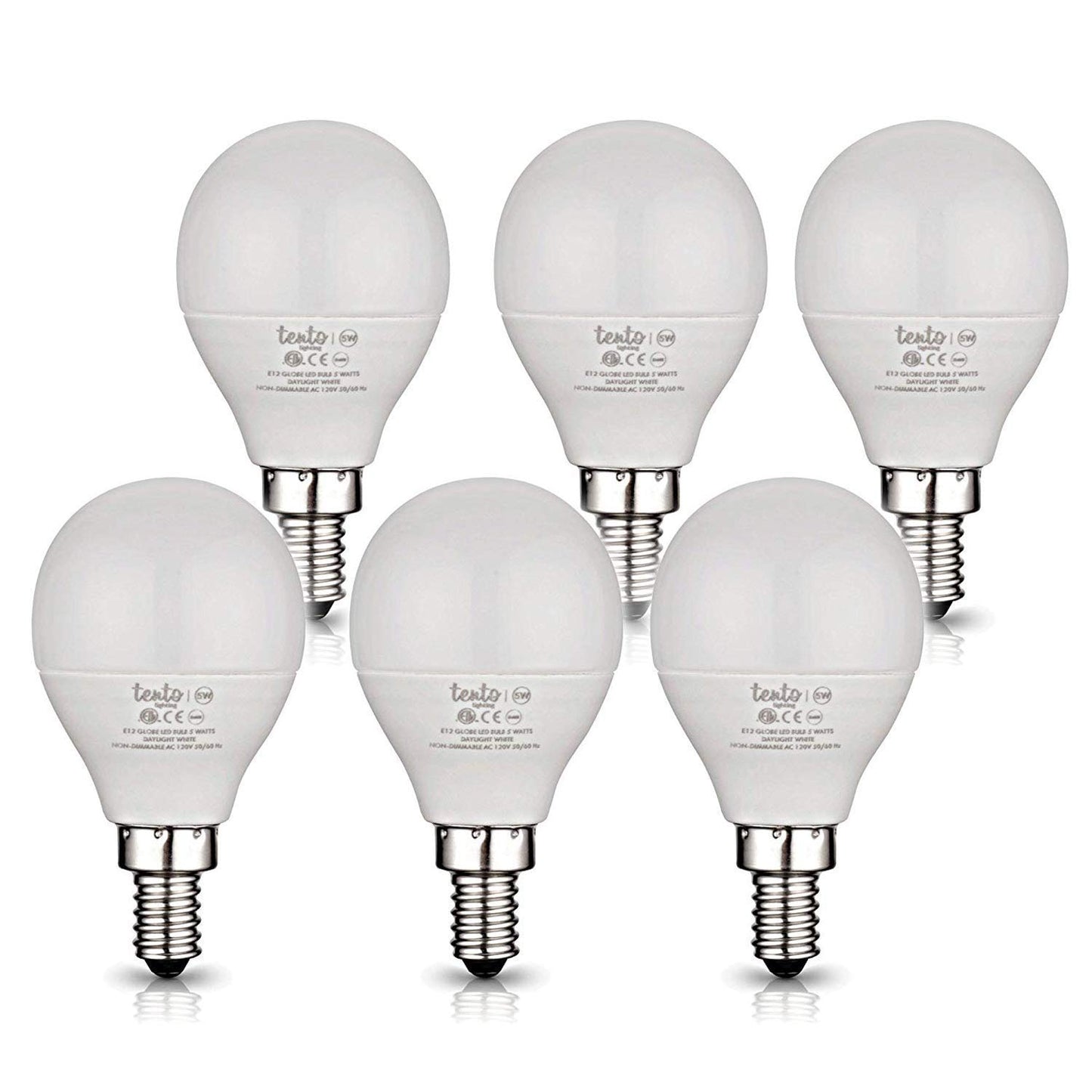 tento E12 LED Bulbs 5w Soft White Small Candelabra Edison Base Globe Shaped Energy Saving Ceiling Fan LED Light Bulbs, Warm White, 240 Degrees Beam