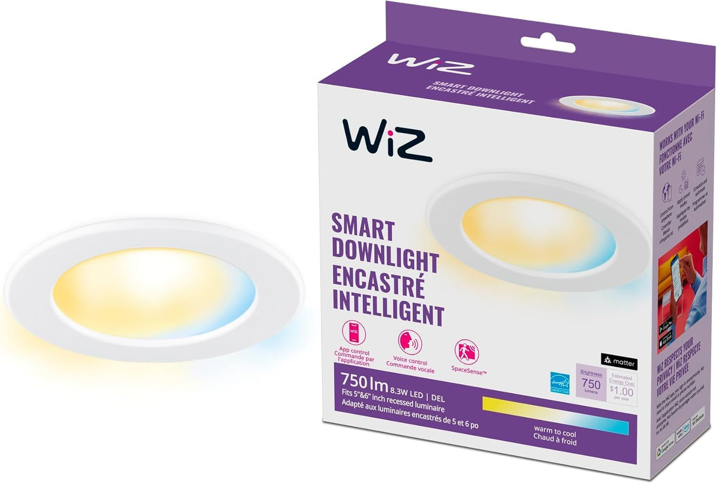 WiZ Connected Retrofit Downlight - 6 inch LED Recessed Light Fixture - Motion Activated Recessed Light - 750 Lumen - Connects to your Wi-Fi - Matter
