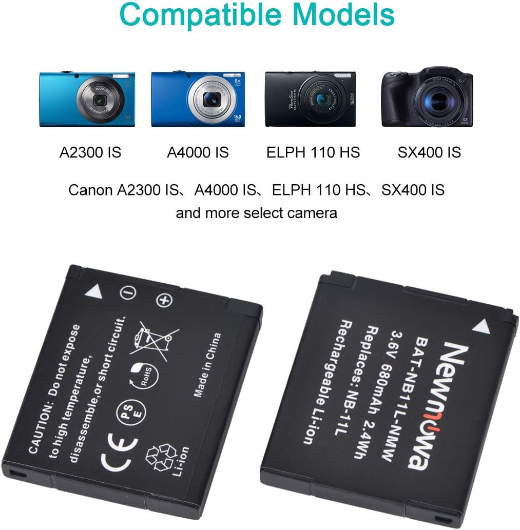 Newmowa NB-11L/NB-11LH Replacement Battery (2-Pack) and Charger Kit for Canon NB-11L/NB-11LH and Canon PowerShot A2300 IS, A2400 IS, A2500, A2600