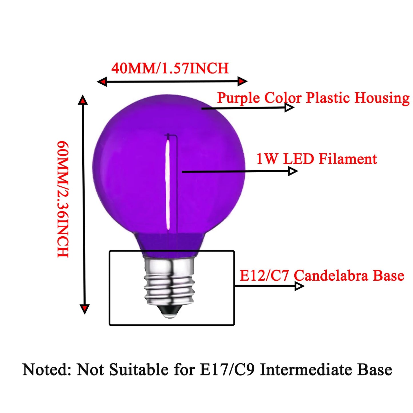 LRSUEYSKIN G40 Purple LED Replacement Bulb 1W Light Bulbs Shatterproof Waterproof LED Outdoor String Lights Decorative Night Light E12/C7 Candelabra