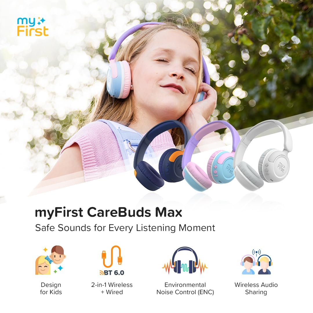 myFirst CareBuds Max Kids Headphones, Wireless & Wired Bluetooth Headphones for Kids with Mic, 85/94dB Volume Limit, 52H Playtime, Fast Charge, Dual