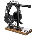 MyGift Premium Acacia Solid Wood and Industrial Black Metal Pipe T-Bar Over Ear Headphones Holder, Tabletop Dual Headphone Display Stand…