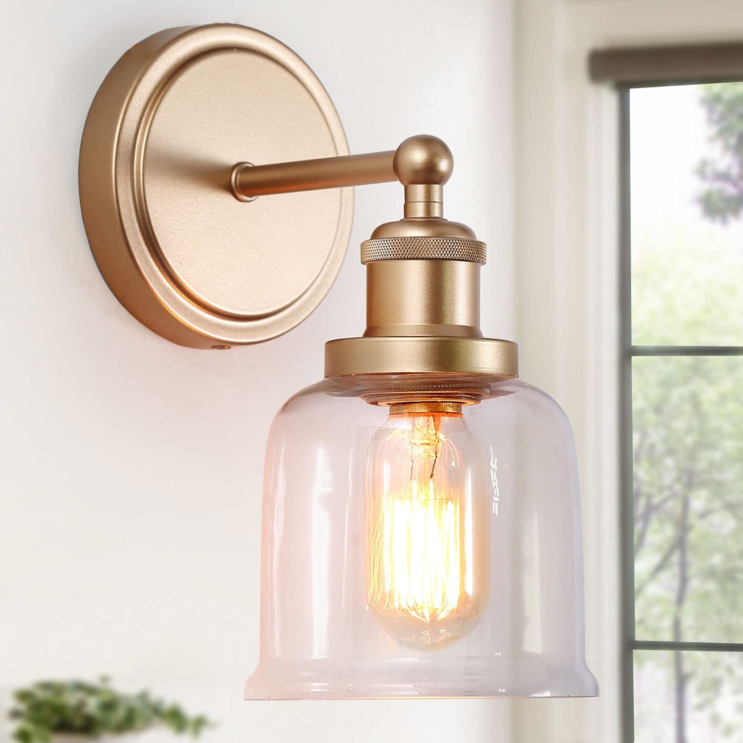 classy leaves Gold Sconces Wall Lighting, 1-Light Gold Vanity Lights for Bathroom, Modern Wall Light Sconce with Clear Glass Shade for Bedroom, Living