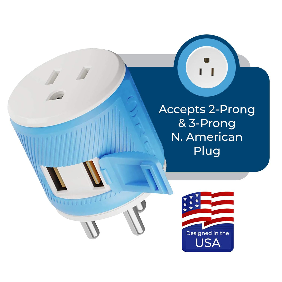 OREI Type D Travel Adapter with 2 USB Ports - 3-in-1 India Plug Adapter