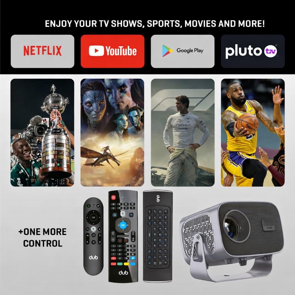 DUB Projector with Free TV App | Android 14 | FullHD | Built-in Speaker | WiFi & Bluetooth | Auto Focus | 2GB RAM | HDMI & USB | Remote + Case + Dust