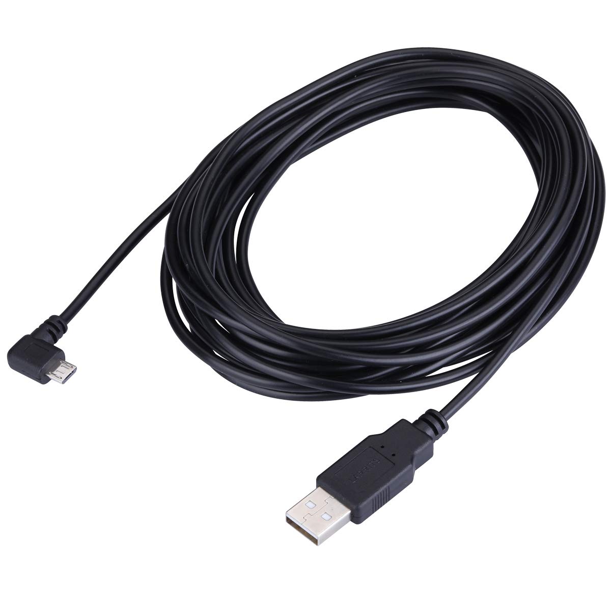LARRITS Extra Long 15FT USB 2.0 A to Micro B USB Cable 90 Degree Right Angle Charge Cord with 5pc Wiring Clips for Car Dash Cam GPS Navigation DVR