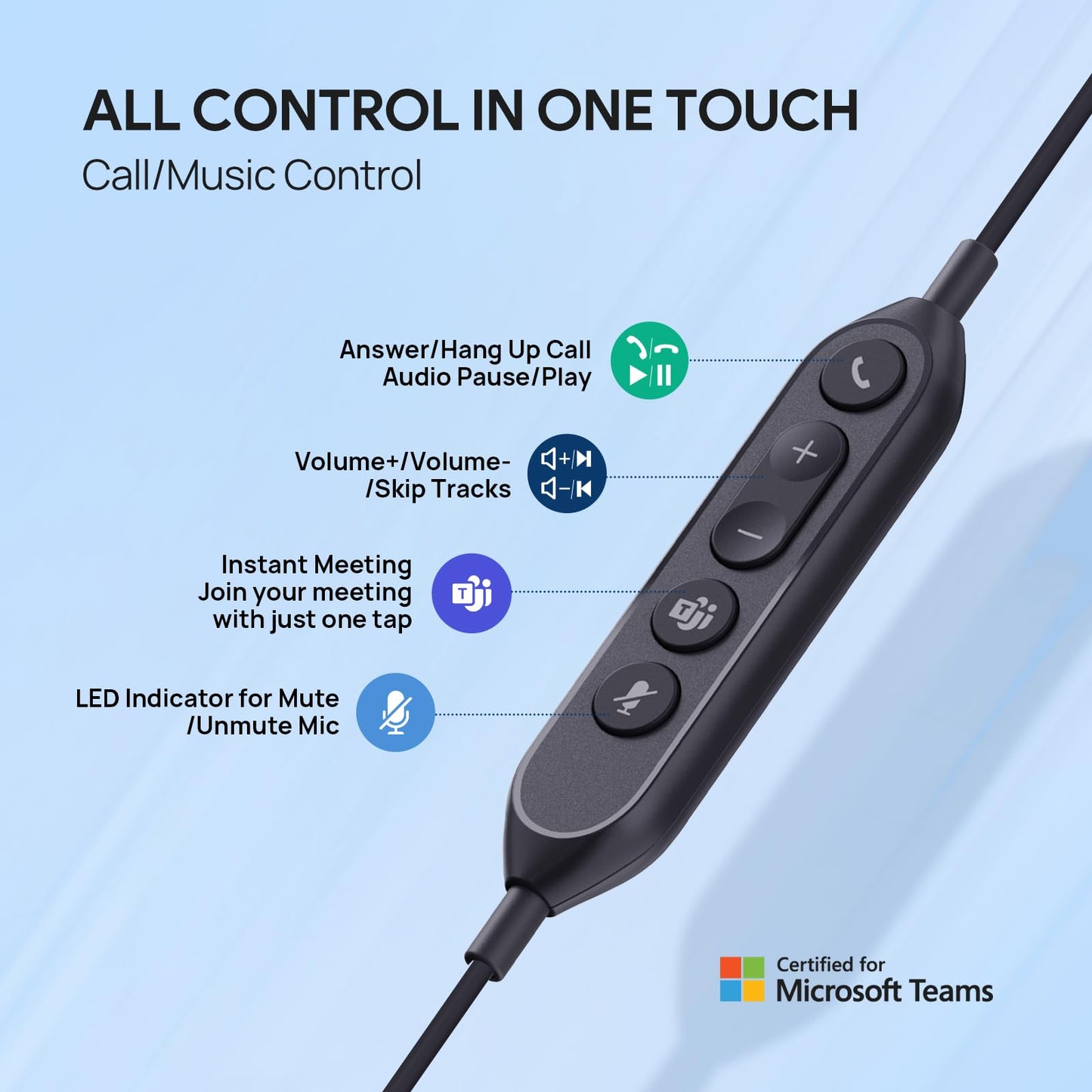 Yealink UH42 USB-C/A Headset with Microphone for PC Computer, Wired Headset Teams Certified, Noise Cancelling Mic, in Line Control, Mute Button, Cable