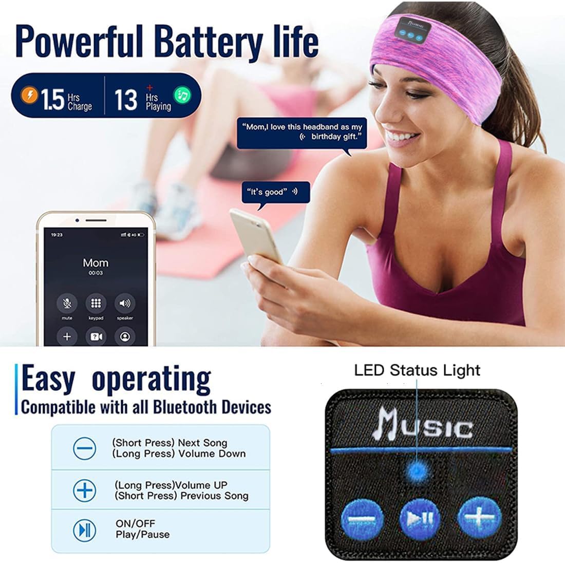 SANNWEEN Wireless Sleep Headphones for Women - Bluetooth Headband for Side Sleepers with Adjustable Headband (Rose Red)