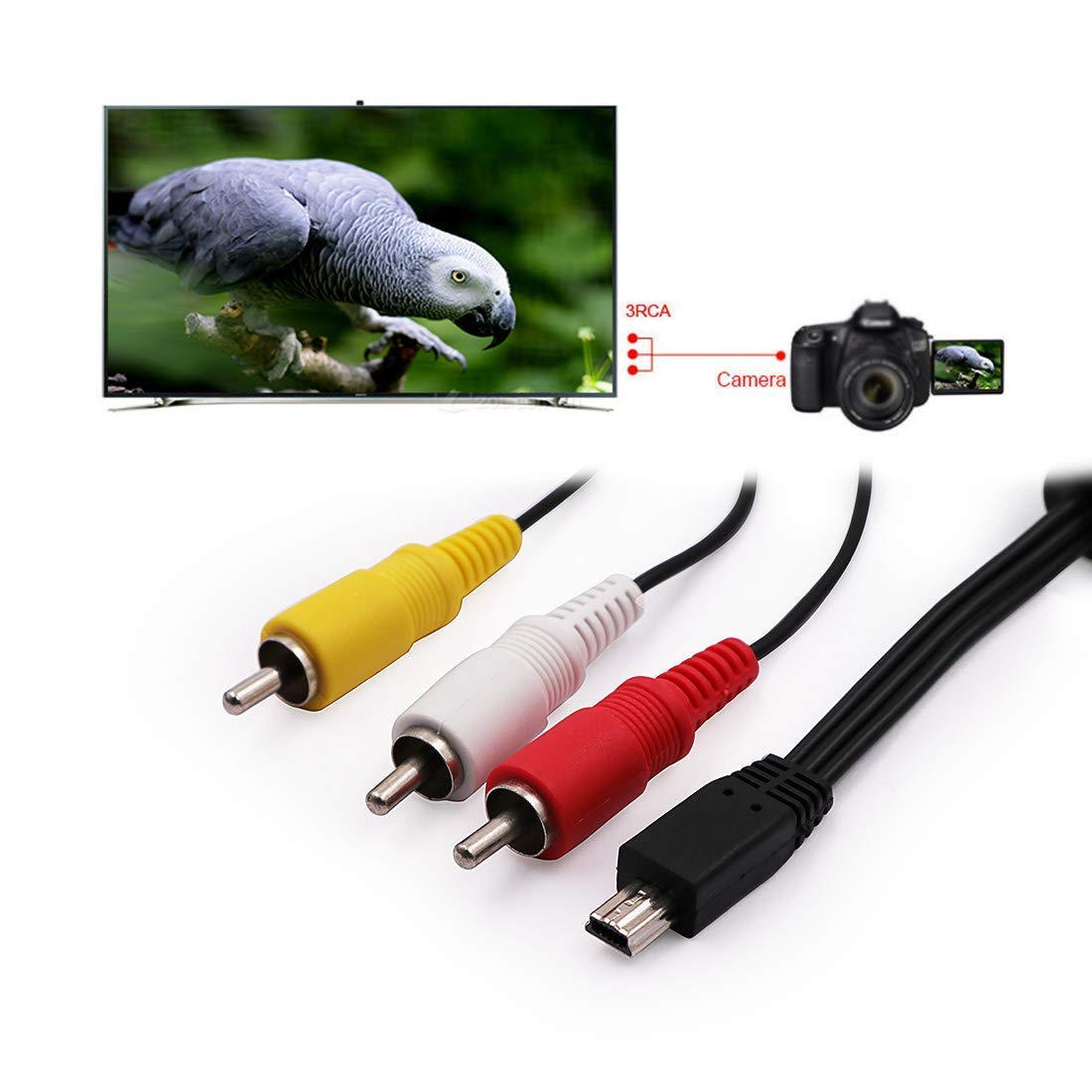 Mini USB to 3 RCA Cable AV Stereo Audio Video Cable Replacement for AVC-DC400ST EOS 7D, 60D, 60Da,70D,100D,550D, 600D, 650D, 700D & EOS Rebel SL1