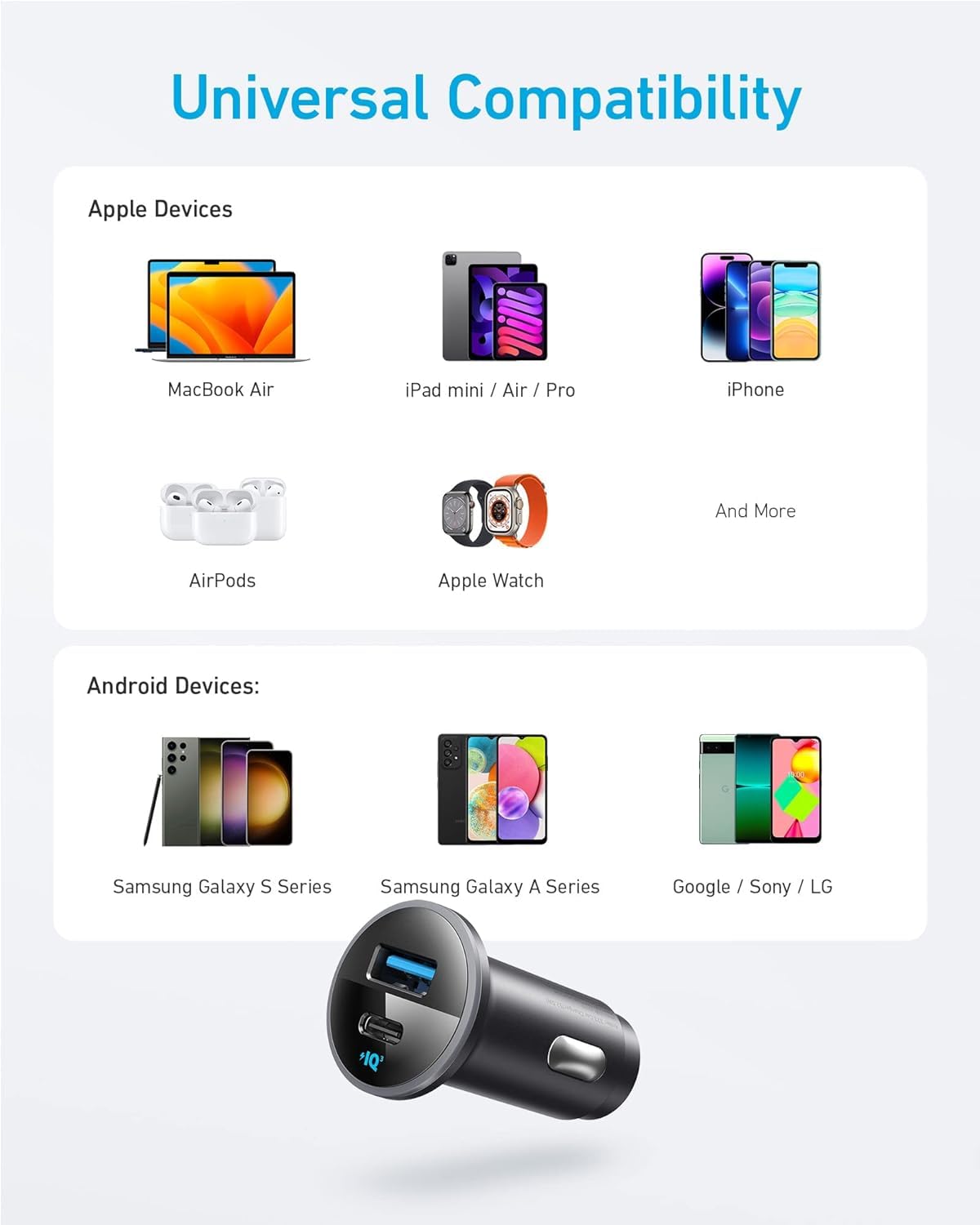Anker 323 USB-C Car Charger Adapter, 52.5W Cigarette Lighter Charger with 30W PowerIQ 3.0 Fast Charging for iPhone 17/16/15/14/13/12 Series, Galaxy