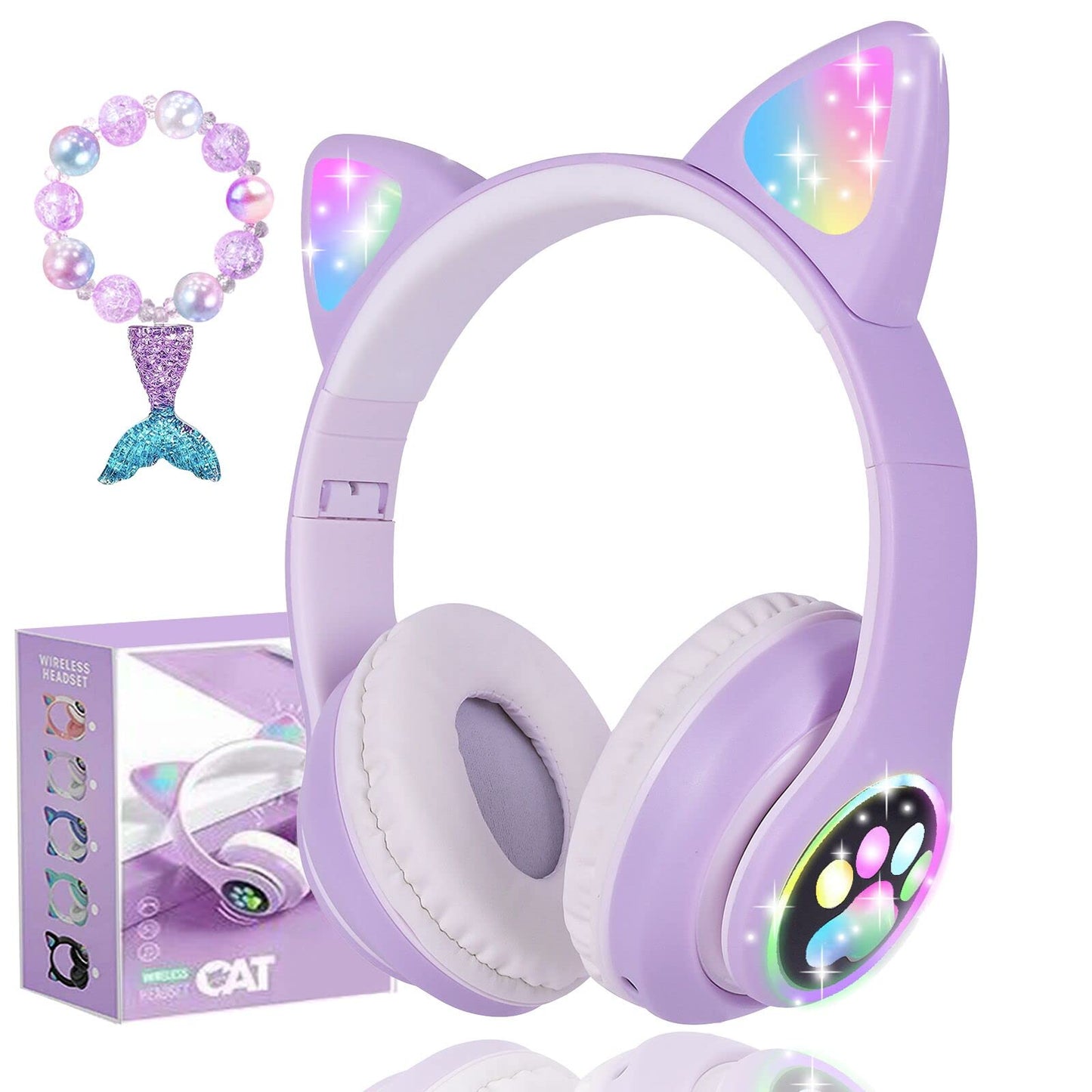 kuyaon Wireless Cat Ear Headphones for Kids, LED Light Up Kids Girls Bluetooth Headphones with Microphone