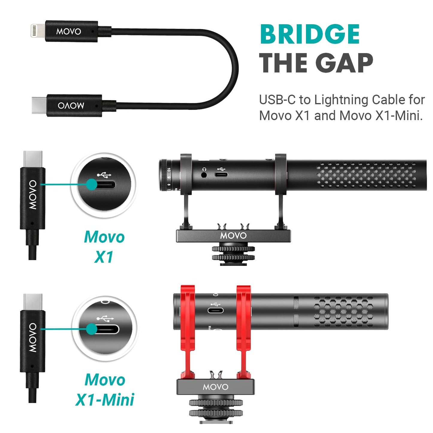 Movo IMA-5 USB-C to 11.8" (30CM) Lightning Microphone Adapter Cable - Connect USB-C Shotgun Mics to iPhone/iPad - Compatible X1, X1-MINI, VXR10-AI