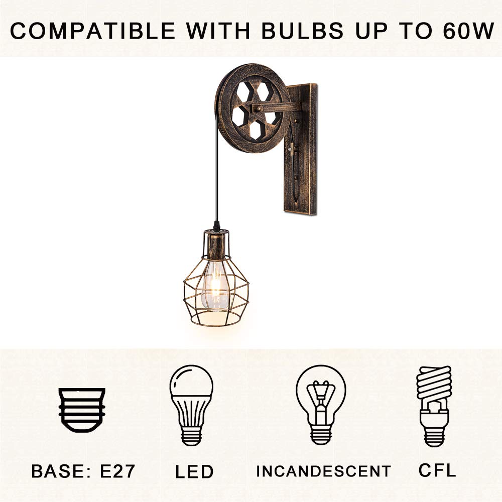 KUNGHEYFATCHOY 1 Light Fixture Industrial Mid Century Retro Iron Wall Lights Lift Pulley Wall Lamp Features The Matte Iron Cage Lamp Shade for Indoor