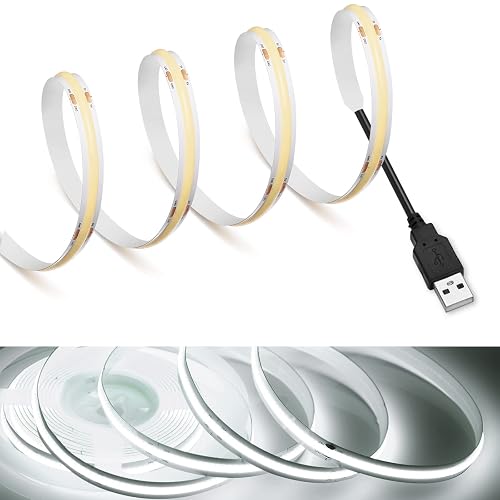 MDee?COB LED Strip Lights 6000K Cold White USB Powered 5V Flexible LED Tape Lights with USB Connector CRI 90+ 800LM/m 320LEDs/m for Indoor and Outdoor