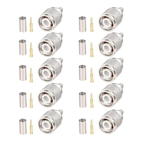 MOOKEERF 10 Pack TNC Male Connector 50 Ohm TNC Male Plug Crimp Connectors for RG58 RG142 RG400 LMR195 KSR195 3D-FB Coax Cable