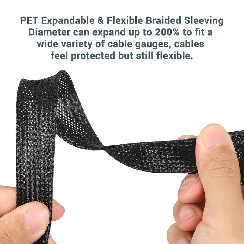 PET Expandable Braided Sleeving Wire Loom 1/8 Inch Cable Wrap Cable Sleeve Wire Protector Sleeve Tubing 100Feet, Black