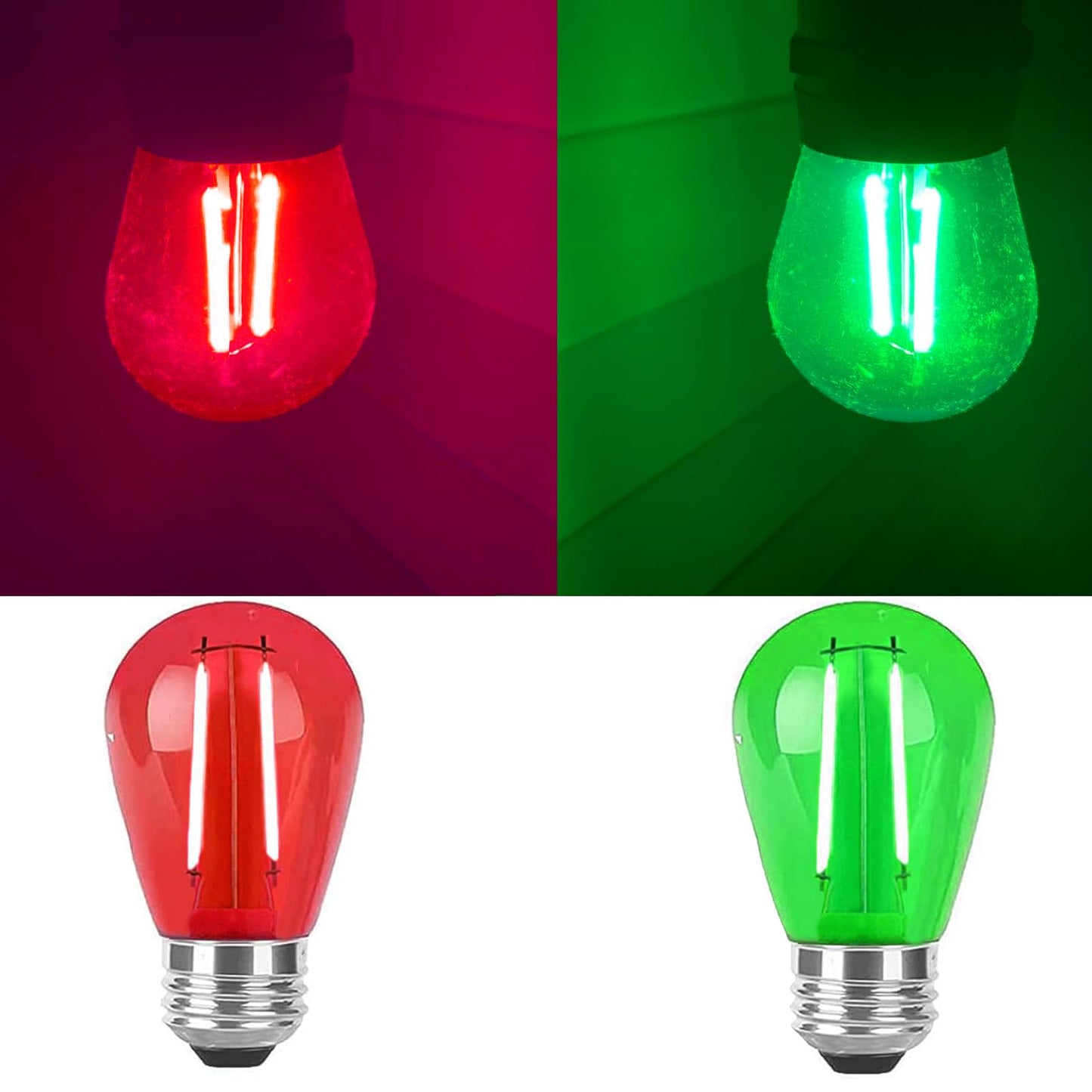 LRSUEYSKIN 24 Pack S14 Red and Green Colored LED Light Bulb 2W Christmas Replacement String Lights Bulb E26 Base Plastic Shatterproof Waterproof LED