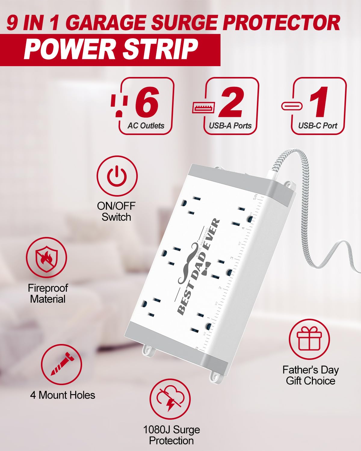 Wall Mount Power Strip with Surge Protector - 6 Outlets 3 USB (USB-C 15W), 6ft Braided Cord, On/Off Switch, Workshop & Garage Essentials - Gifts Dad