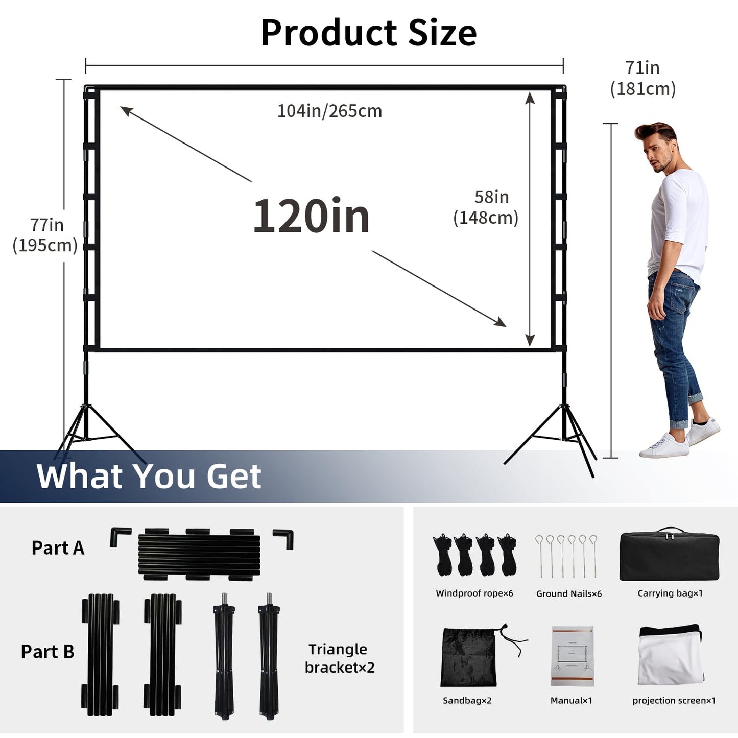 Projector Screen and Stand, Wootfairy 120 inch Foldable and Portable Projection Screen 16:9 4K HD Rear Front Wrinkle-Free Movie Screen with Carry Bag