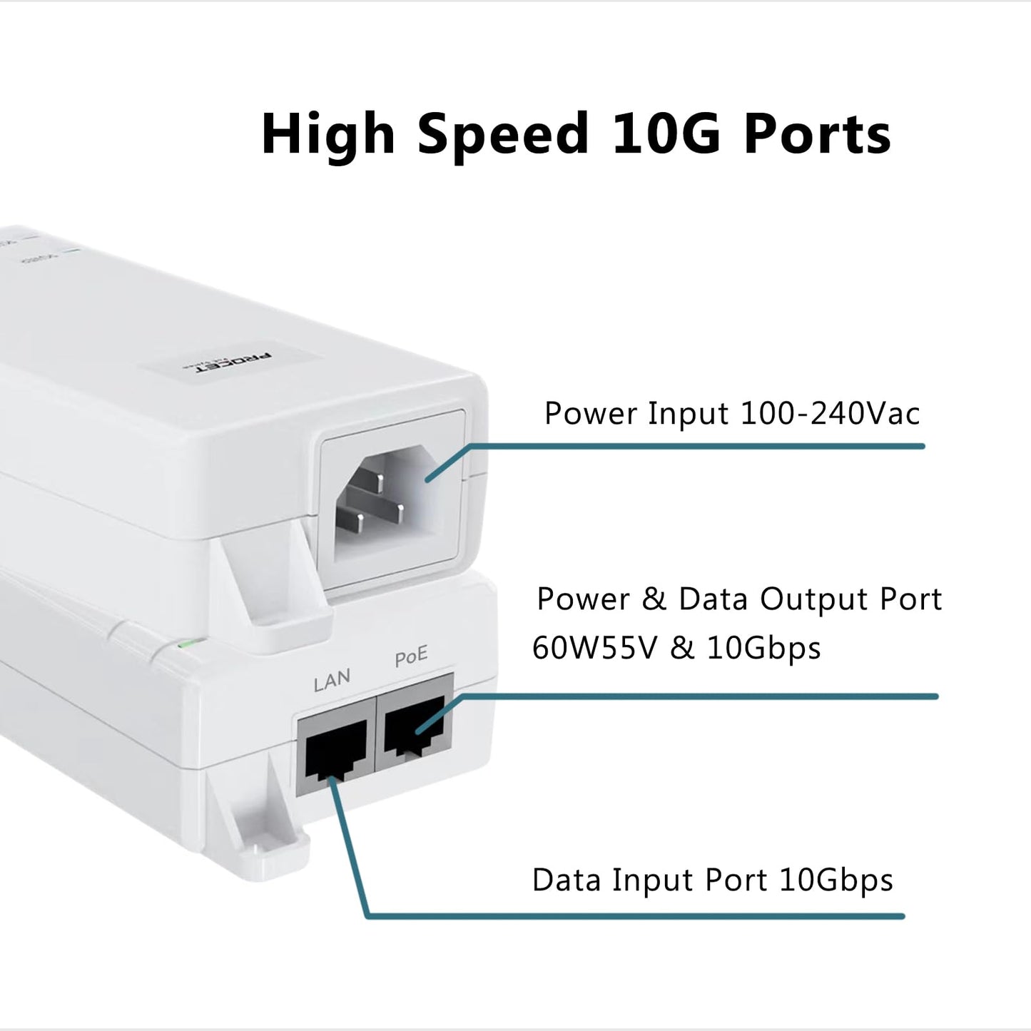 10Gbps PoE++ Injector 60W IEEE802.3bt/at/af Compliant, Supplies 15.4W or 30W or 60W Power Over Ethernet Distances Up to 328ft, PoE Injector Adapter