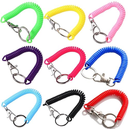 Pokinge 9 Pcs Retractable Coil Springs Keychain, 9 Color Coil Cord Spring Keyring with Lobster Clasp, Anti-lost Stretch Spiral Coil Phone Lanyard