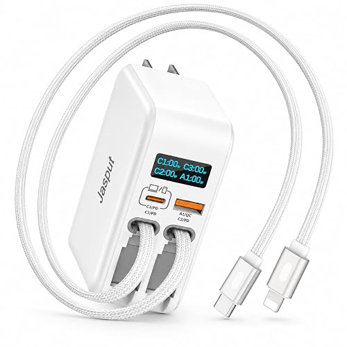 Jasput 67W Retractable Wall Charger, 4in1 GaN Fast Charger with 3.3FT Built-in USB-C & for iPhone Cables, LED Display, Foldable Travel Charger