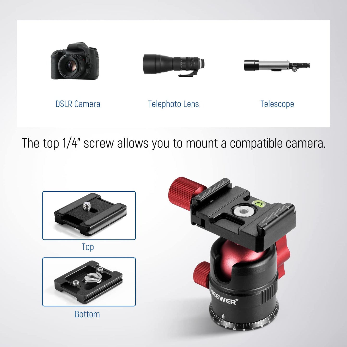 NEEWER Tripod Head, 360° Rotating Panoramic Ball Head with 1/4” Quick Shoe Plate for Tripod Monopod Slider DSLR Camera Camcorder, Max Load up