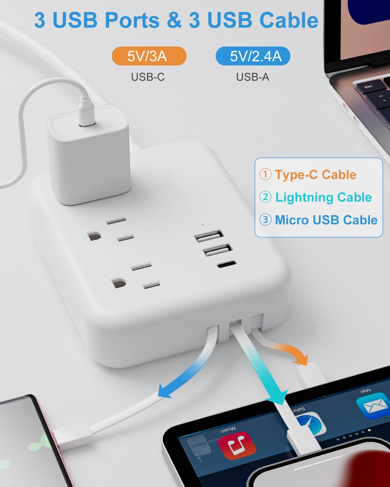 Travel Power Strip with USB Ports, 3 Built-in Cables, Flat Plug Extension Cord, 3 Outlets 6 USB with 5 FT Flat Extension Cord, Compact for Hotel
