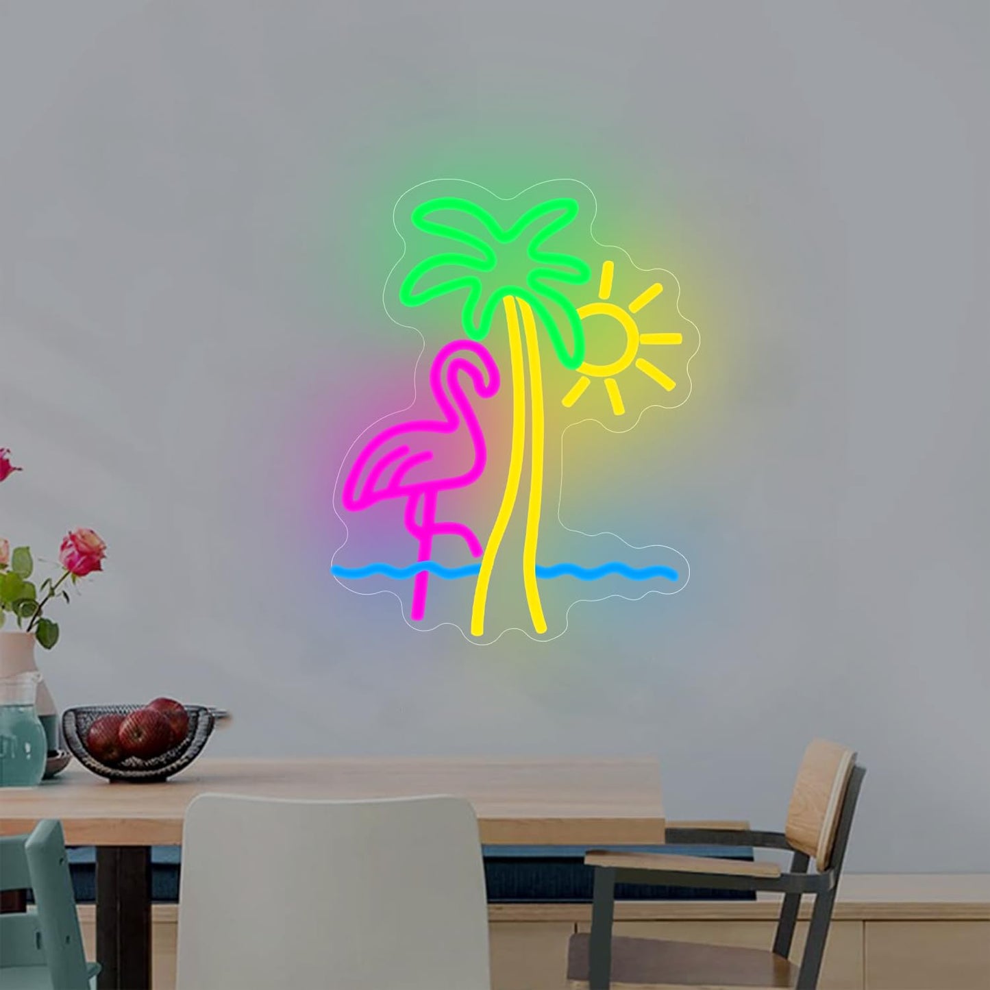 Flamingo Sun Palm Tree Neon Sign for Wall Decor Flamingo Led Neon Lights Sun Wave Neon Signs Dimmable for for Bedroom Living Room Man Cave Bar Club