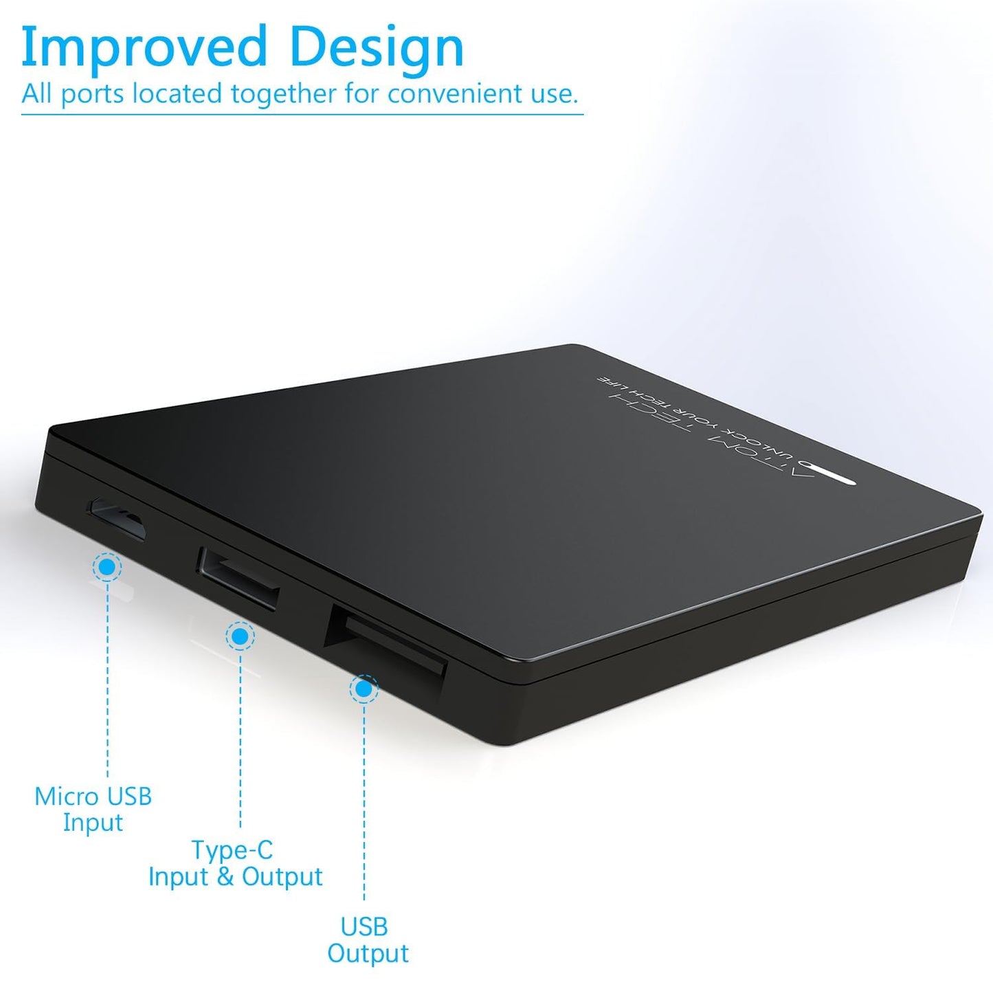 Attom Tech Dual USB Output Super Slim Power Bank Ultra Thin, 3000mAh Portable Charger Mini External Phone Battery Pack Small Dual Outlet, Emergency