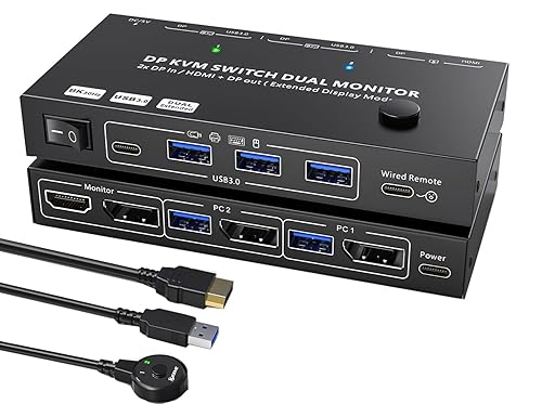 MST Displayport Splitter Dual Monitor KVM Switch 2 Monitors 2 Computers 1 DP in 2 Screens Out (DP&HDMI) Support Max Single 8K@30Hz/Dual 4K@100Hz USB