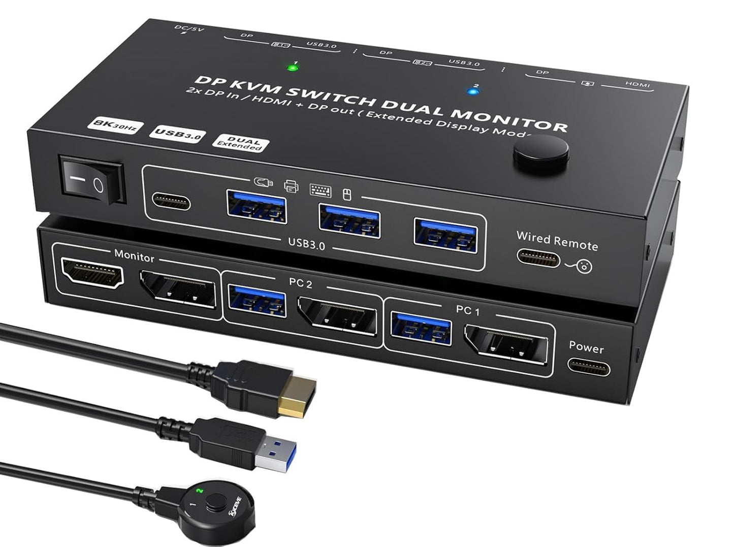 MST Displayport Splitter Dual Monitor KVM Switch 2 Monitors 2 Computers 1 DP in 2 Screens Out (DP&HDMI) Support Max Single 8K@30Hz/Dual 4K@100Hz USB