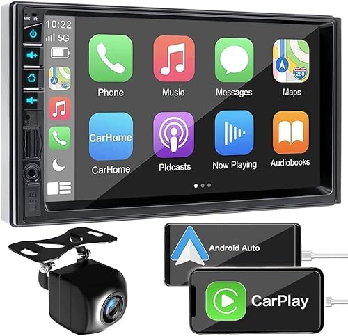 7 inch Double Din Car Stereo for Wireless Carplay & Android Auto with Voice Control,Bluetooth5.2 MirrorLink, Car Radio with Backup Camera,Touch Screen