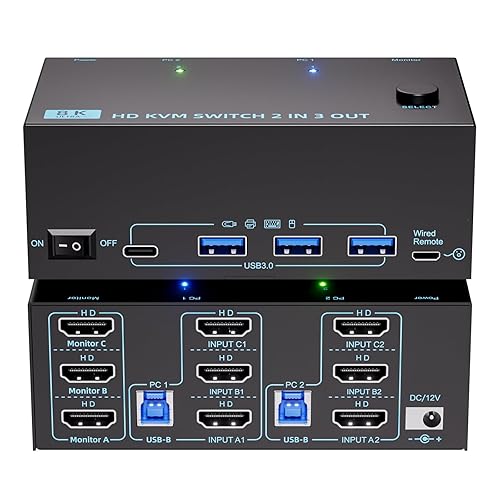KVM Switch 3 Monitors 2 Computers 8K@60Hz/4K@120Hz, HDMI KVM Switches for 2 PC Sharing Triple Monitor and Keyboard Mouse with Power Adapter, Wired