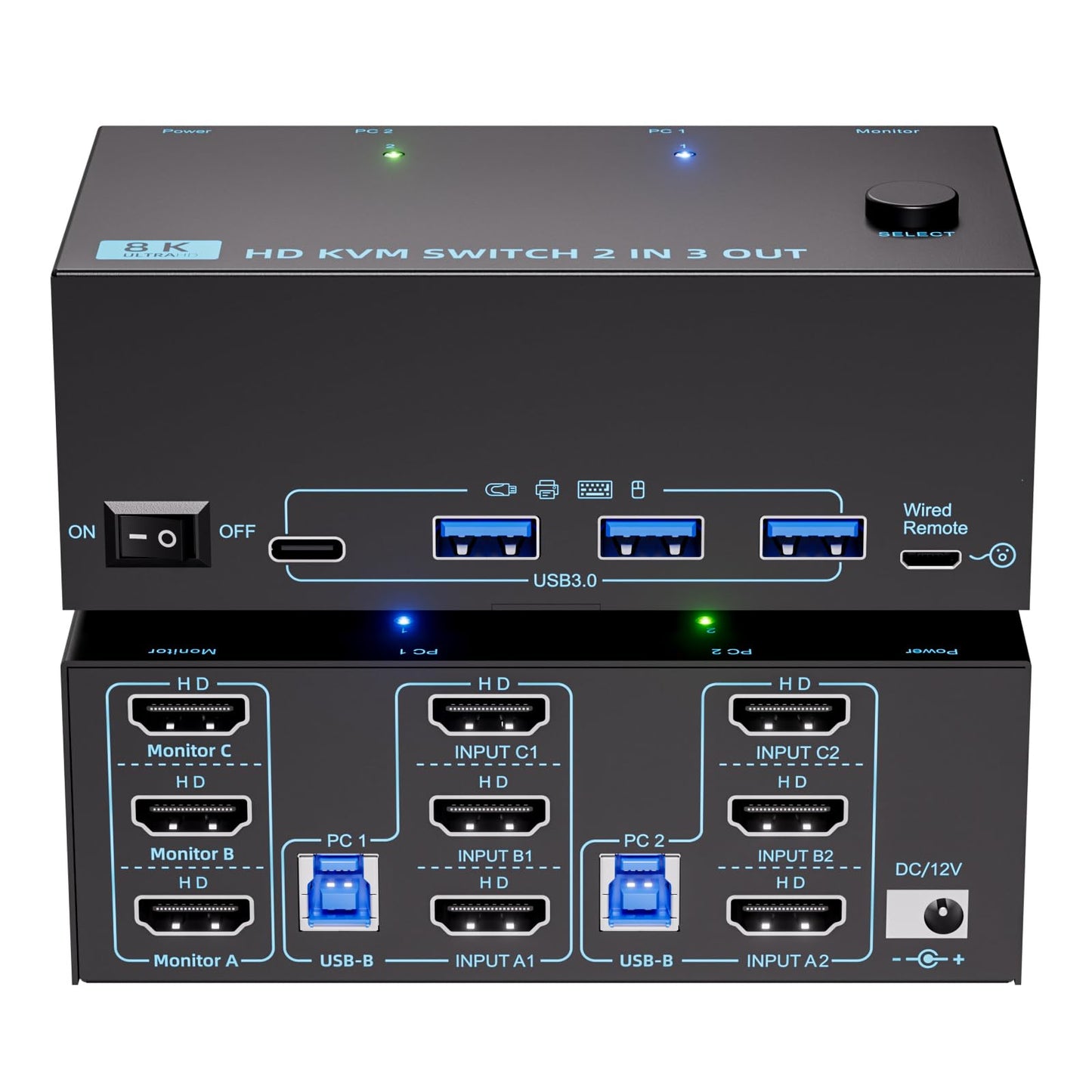 KVM Switch 3 Monitors 2 Computers 8K@60Hz/4K@120Hz, HDMI KVM Switches for 2 PC Sharing Triple Monitor and Keyboard Mouse with Power Adapter, Wired
