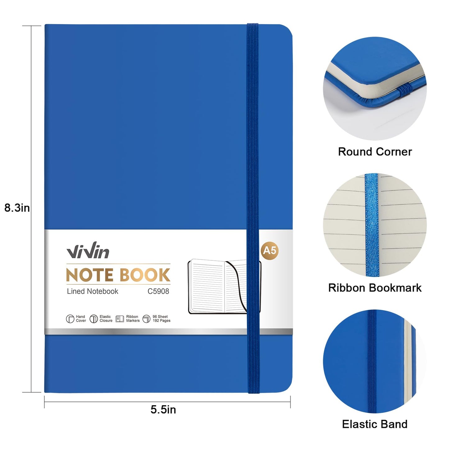 ViVin Lined Journal Notebooks for Professional Office Work,192 Pages,Medium 5.5 x 8.3 inch,College Ruled,A5 Hardcover Journaling Notebooks