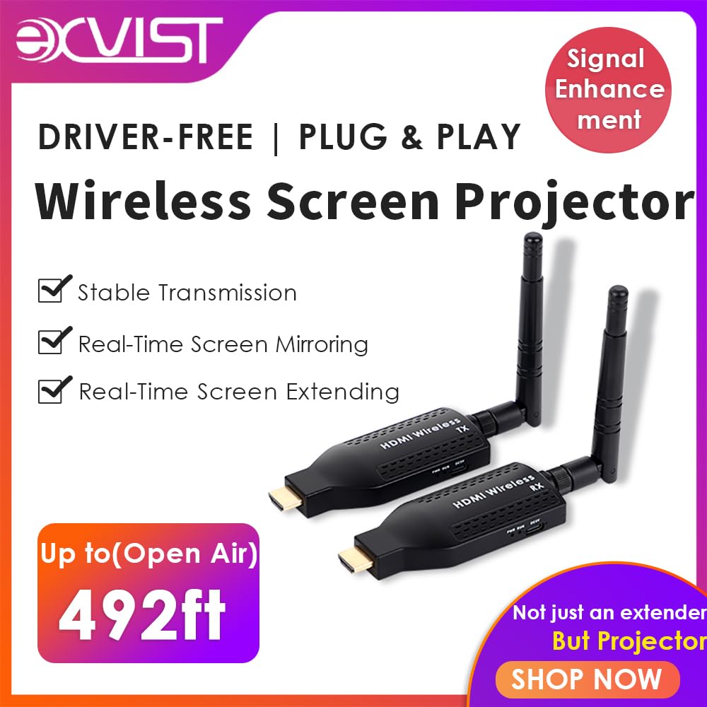 EXVIST Portable Wireless HDMI Transmitter & Receiver Kit - 492t Long Range, 1080P HD Streaming, Plug & Play for TVs/Projectors - Ideal for Home