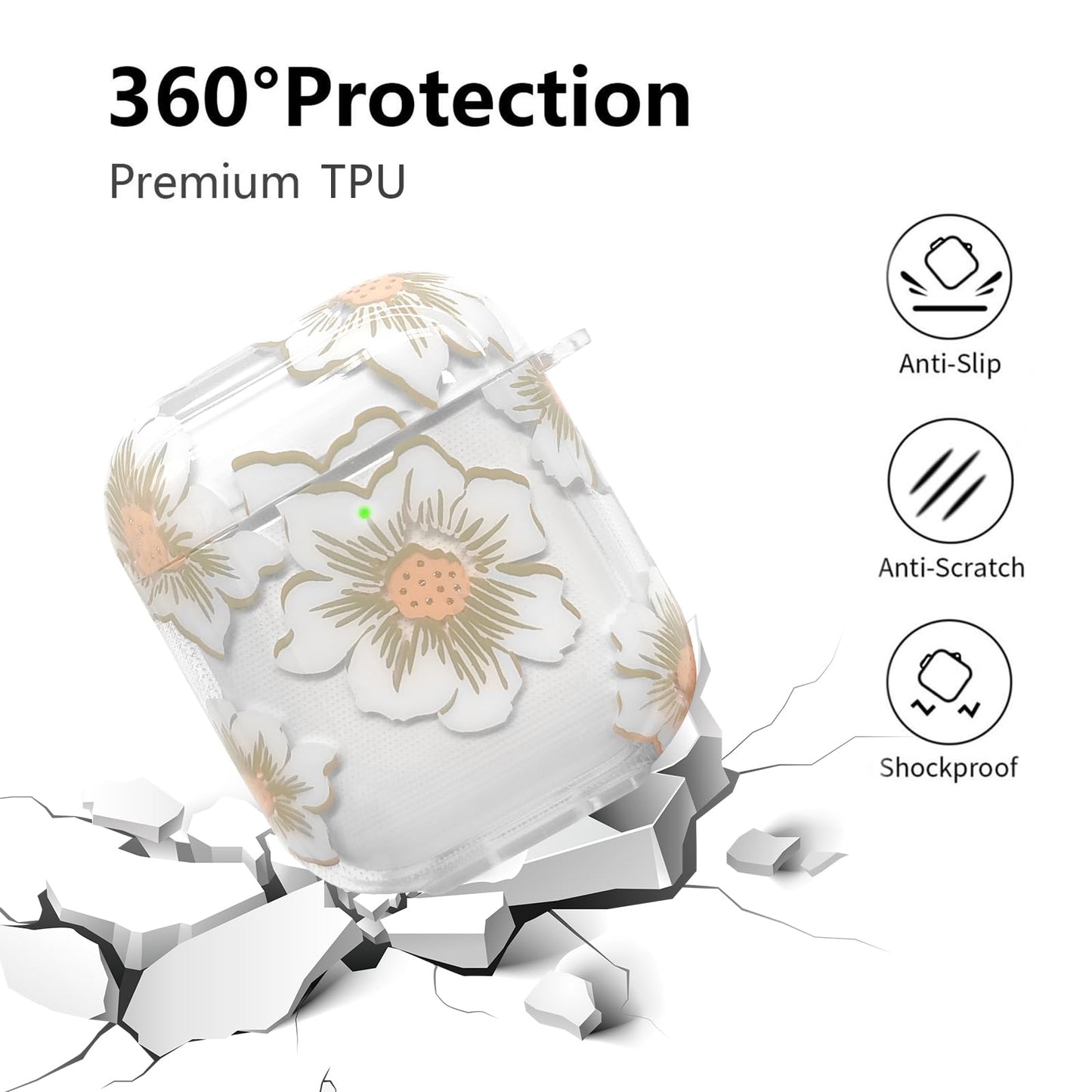 AIIEKZ Compatible with AirPods Case Cover, Soft TPU Case with Cute Flower Pattern for AirPods 2&1 Generation Case with Flower Keychain and Carabiner