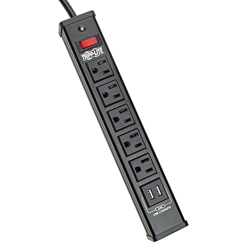 Tripp Lite 5 Outlet Surge Protector Power Strip, 6ft Cord, 450 Joules, 2 USB Charging Ports, Led, $10K Insurance (TLM526USBB), 14.25in. X 4.75in. X
