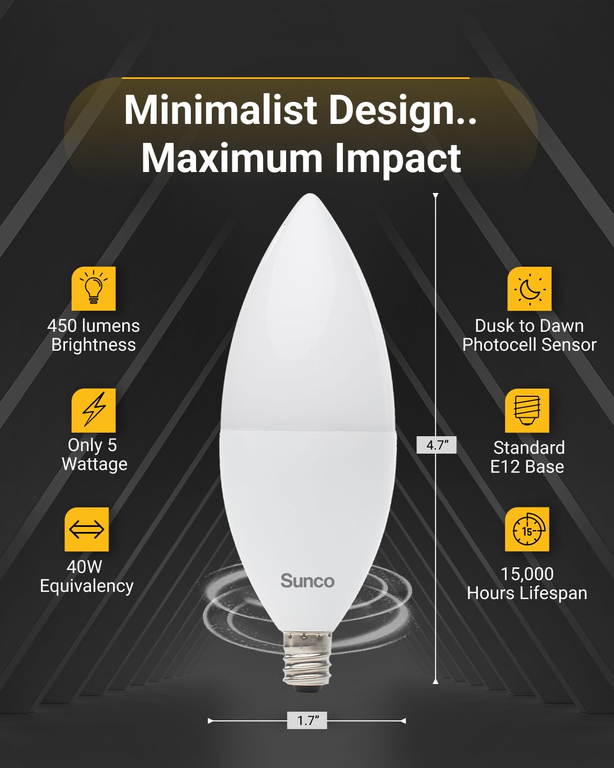 Sunco B11 Candelabra LED Bulb, Dusk to Dawn, E12, 5W=40W, 2700K