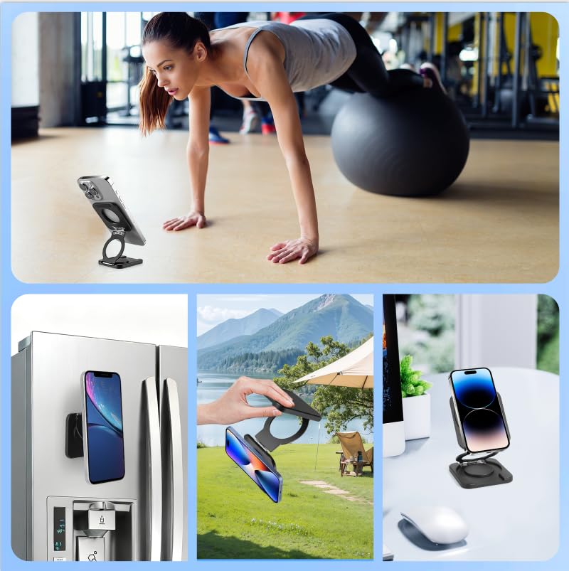 Square Magnetic Phone Holder Stand for MagSafe iPhone 17/16/15/14/13/12 Series, Foldable Phone Adapter Stand Ring Holder for Gym Car Desk Phone Grip