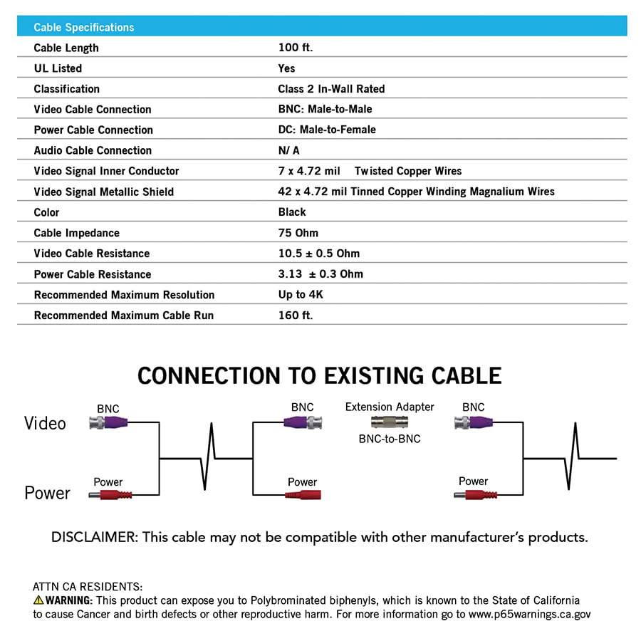 Night Owl 100 ft. in-Wall Rated Video/Power Camera Extension Cable with Extension Adapter
