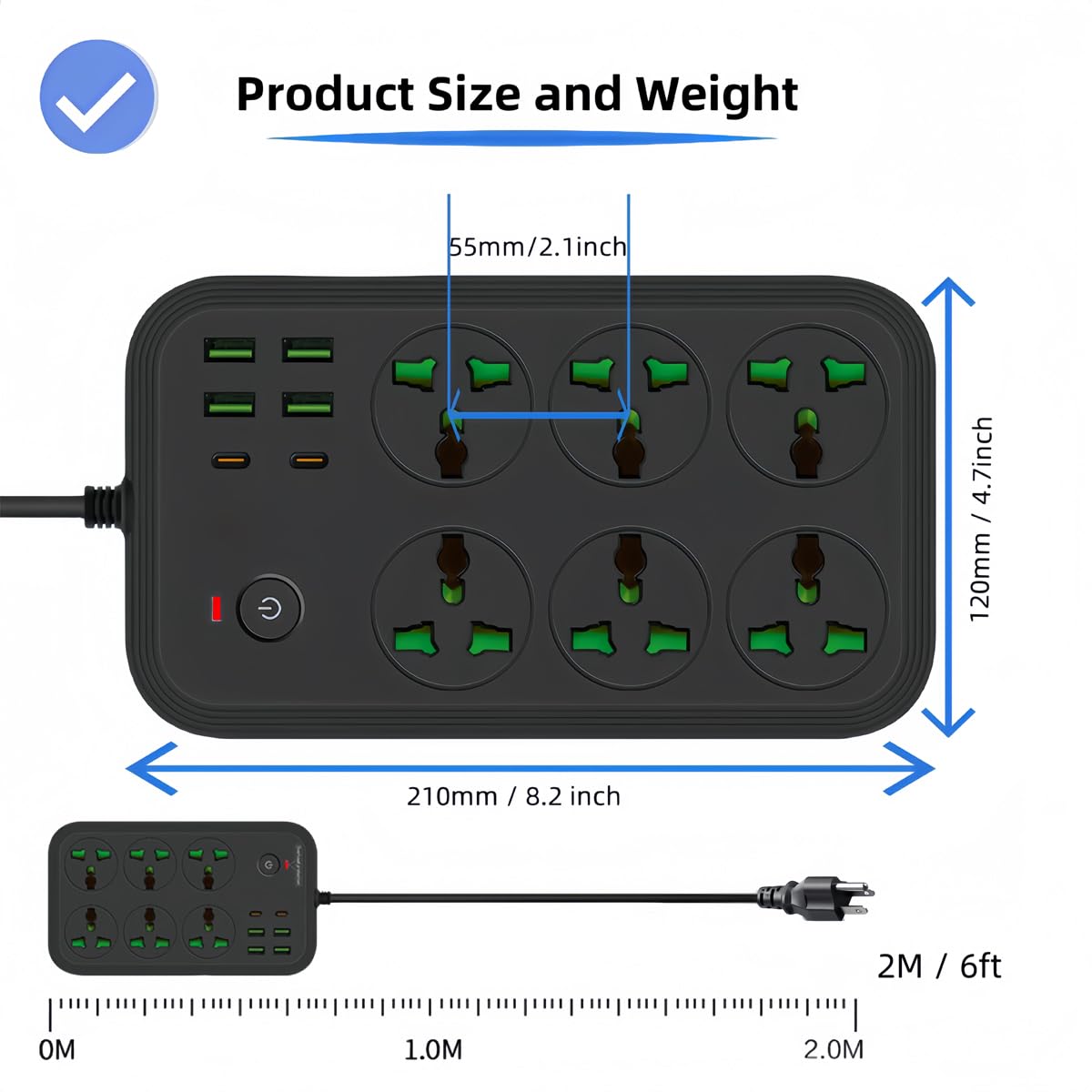 12 in 1 Power Strip with USB C, Universal Extension Cord with 6 Wide AC Outlets and 4 USB Ports, 110-240v, Max 3000w, Wall Mount International Plug