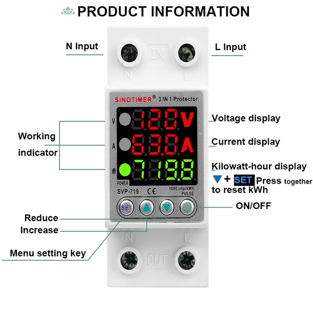SINOTIMER SVP719 3 LED Display 120VAC 63A Adjustable Voltage Surge Protector Relay with Limit Current Protection, Single Phase Low Voltage Monitor