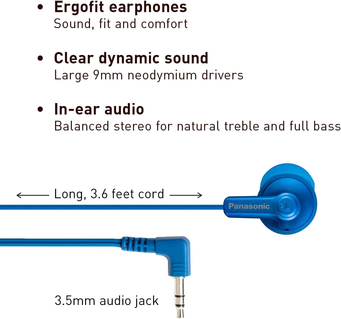Panasonic ErgoFit in-Ear Earbud Headphones RP-HJE120-AA (Metallic Blue) Dynamic Crystal-Clear Sound, Ergonomic Comfort-Fit