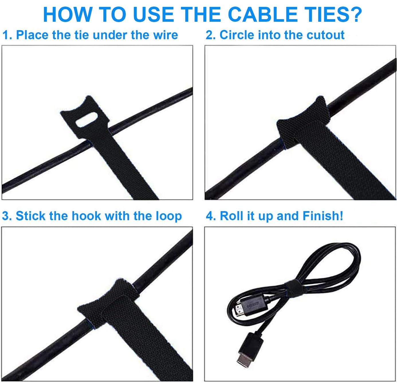 California JOS 60 PCS 6 Inches Reusable Cable Ties, Adjustable Cord Straps, Cable Organizer, Cord Wrap and Hook Loop Cords Management - Black