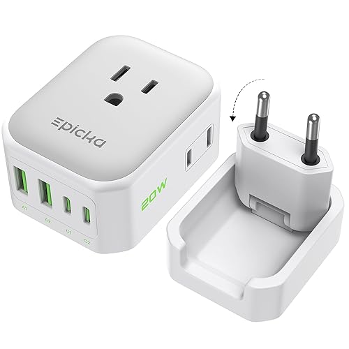 EPICKA Hybrid European Travel Plug Adapter, Foldable & Detachable Type C (EU) VisaPlug, 8-IN-1 International Power Adapter with 4 USB Ports (2 USB-C…