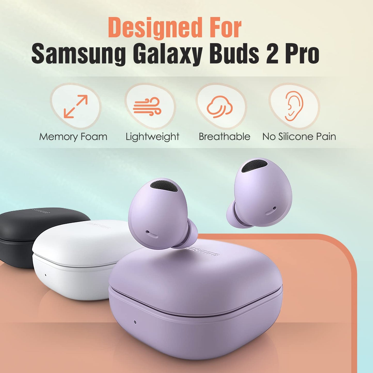 Memory Foam Tips for Samsung Galaxy Buds 2 Pro, No Silicone Eartips Pain, Anti-Slip Replacement Ear Tips, Fit in The Charging Case, Reducing Noise